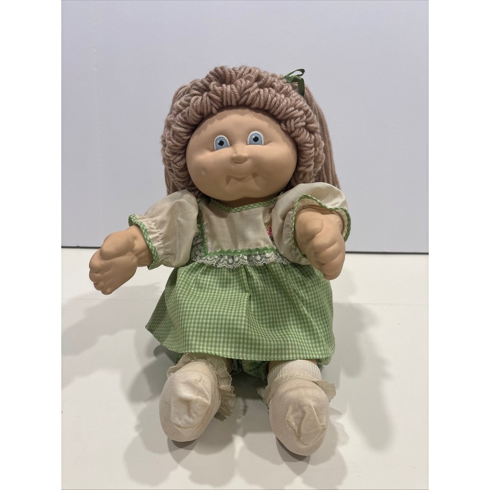 Vintage Cabbage Patch Kids Full Porcelain Doll Green Gingham Dress Yarn Hair 16"